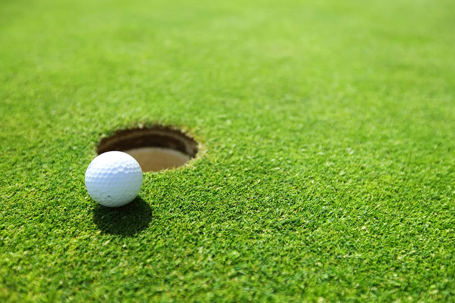 Witte golfbal met zichtbare dimples naast een hole