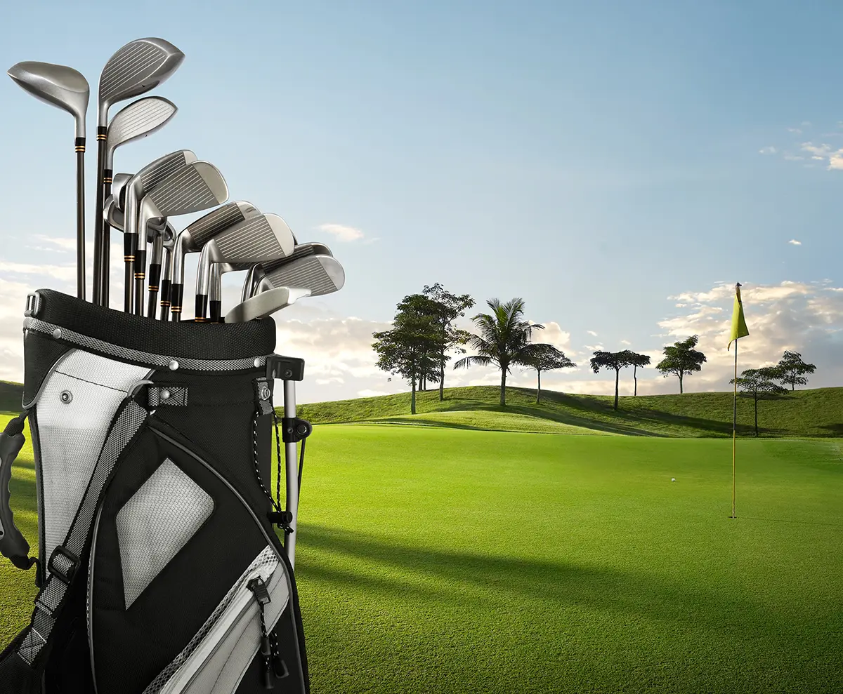 Golftas met clubs naast een green