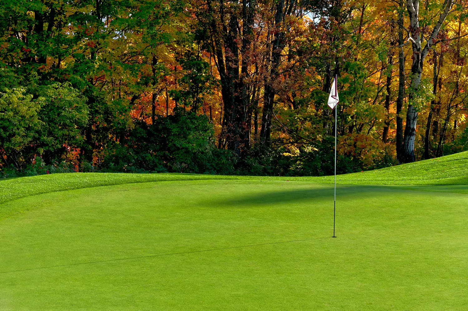 Green met vlag en bomen in herfstkleuren